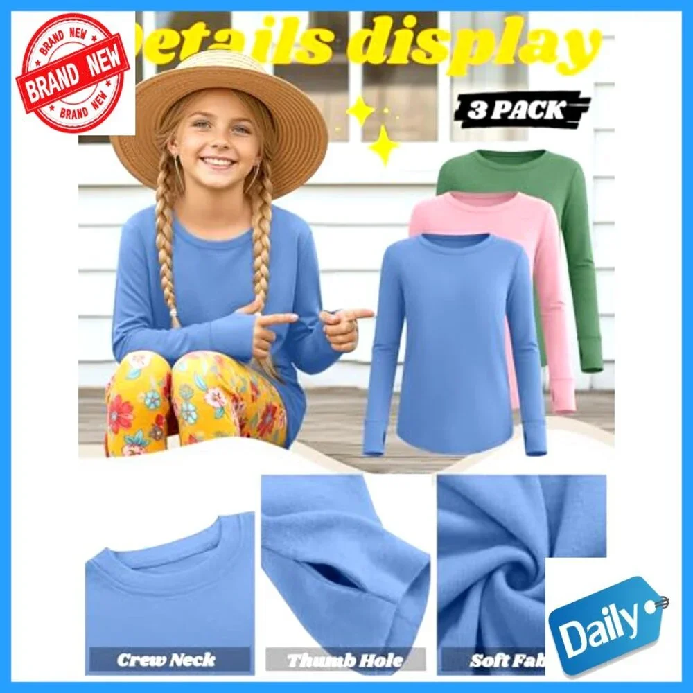 3 Pack Girls Long Sleeve Tees with Thumb Holes Cotton Crew Neck Layering Tops